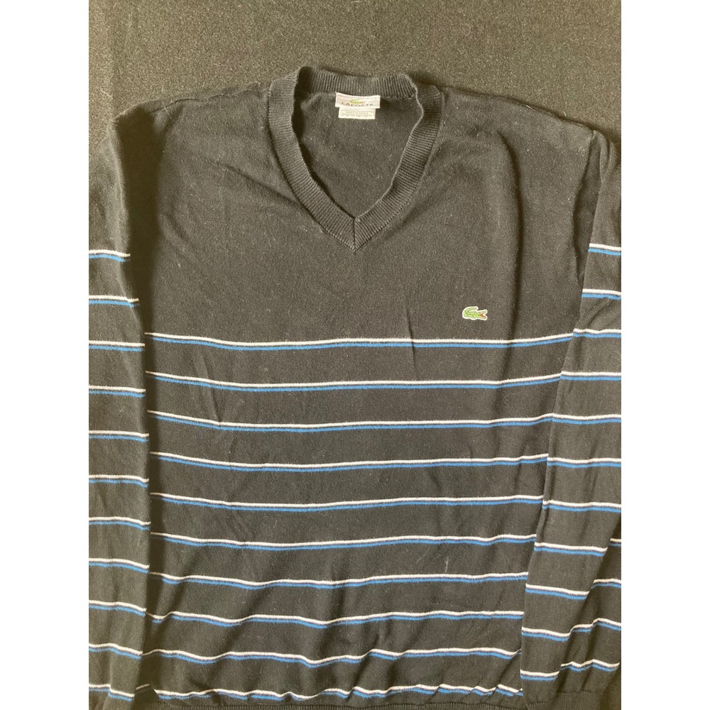 Lacoste Mens Black Striped V-Neck Cotton Knit Sweater Size 6 XL F5178